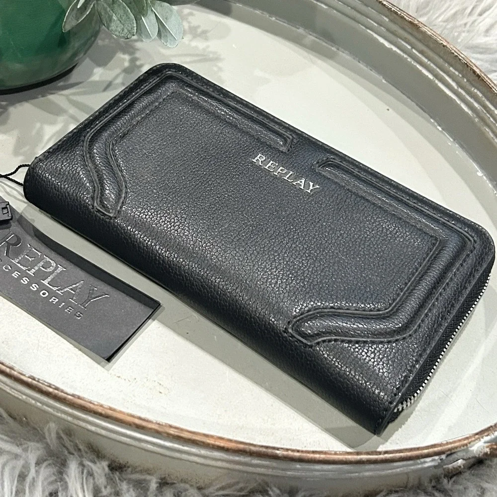 REPLAY Accessories Wallet Black Zip Around Clutch Purse New‎